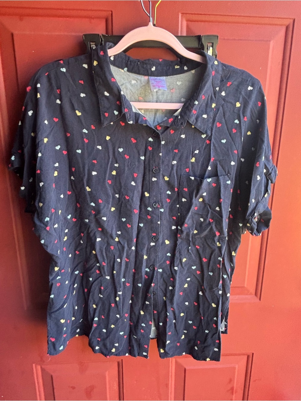 Navy Heart-Print Button-Up Shirt